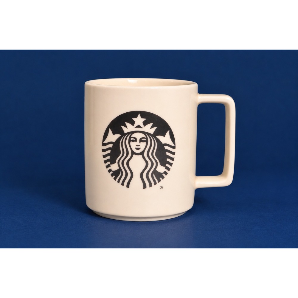 2015 Starbucks 14oz Ivory Ceramic Mug, Black Siren logo, Square Handle, USA
